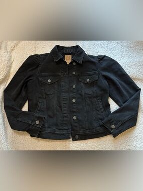 Gap Womens Black Denim Jean Jacket Puff Long Sleeve Stretch Size Small